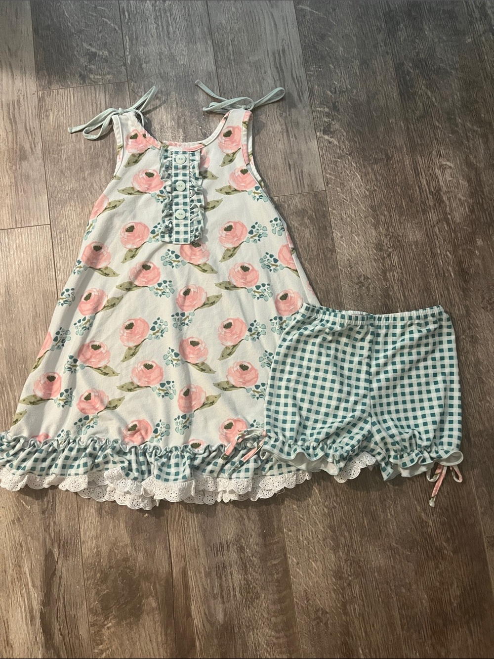 SweetHoney Pink Floral Tie-Shoulder Pajama Set with Teal Gingham 5y